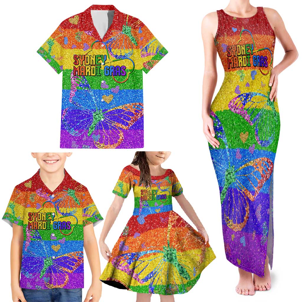 Sydney Mardi Gras Personalized Family Matching Tank Maxi Dress and Hawaiian Shirt Pride Rainbow Glitter Colorful Style - Wonder Print Shop