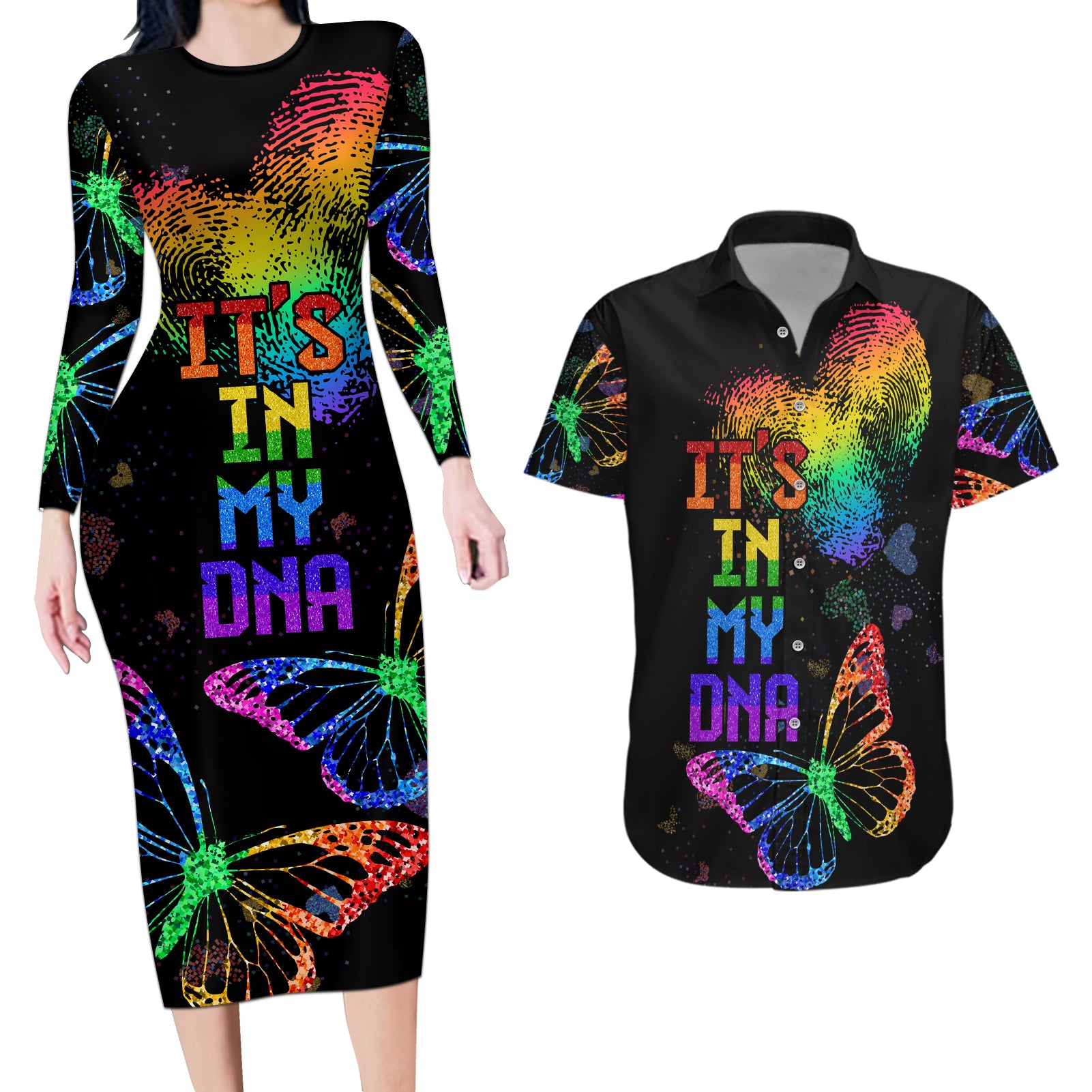It's In My DNA LGBT History Month Couples Matching Long Sleeve Bodycon Dress and Hawaiian Shirt LT9 - Wonder Print Shop