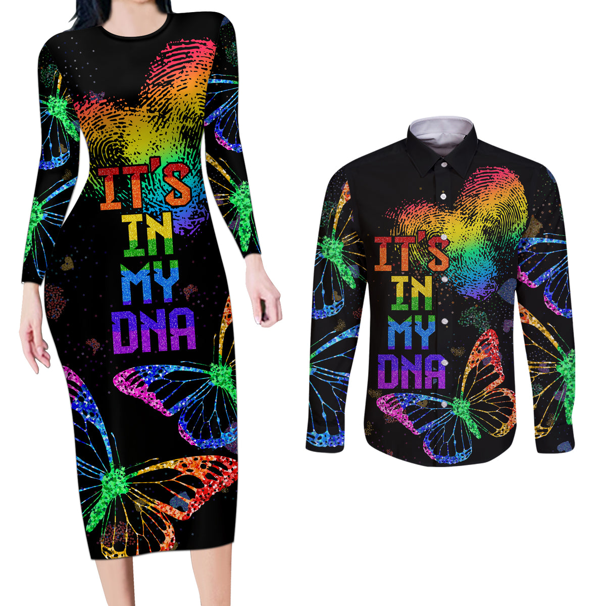 It's In My DNA LGBT History Month Couples Matching Long Sleeve Bodycon Dress and Long Sleeve Button Shirt LT9 - Wonder Print Shop