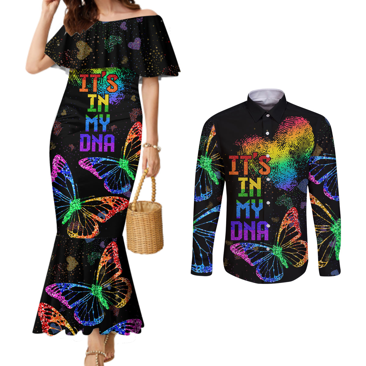 It's In My DNA LGBT History Month Couples Matching Mermaid Dress and Long Sleeve Button Shirt