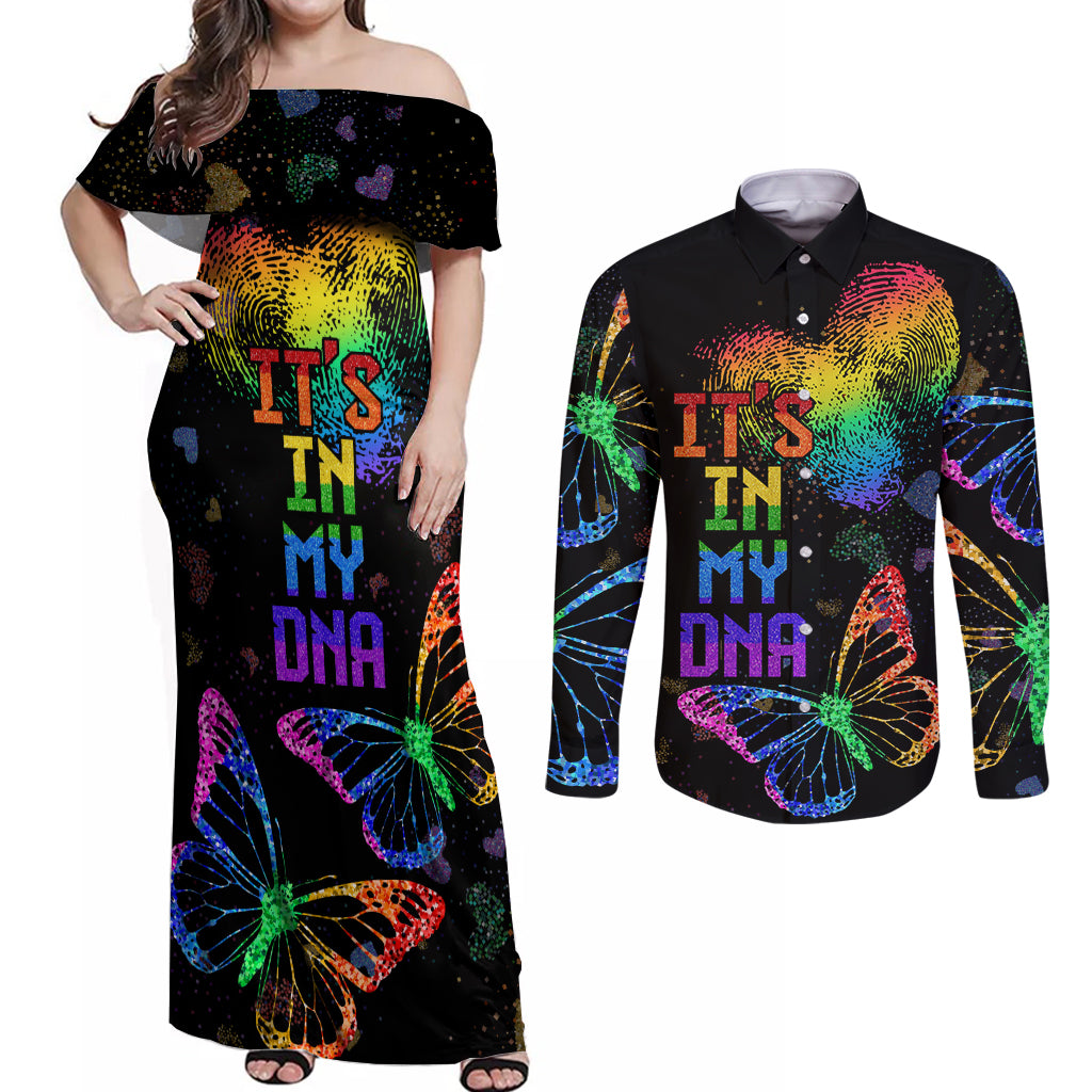 It's In My DNA LGBT History Month Couples Matching Off Shoulder Maxi Dress and Long Sleeve Button Shirt LT9 - Wonder Print Shop