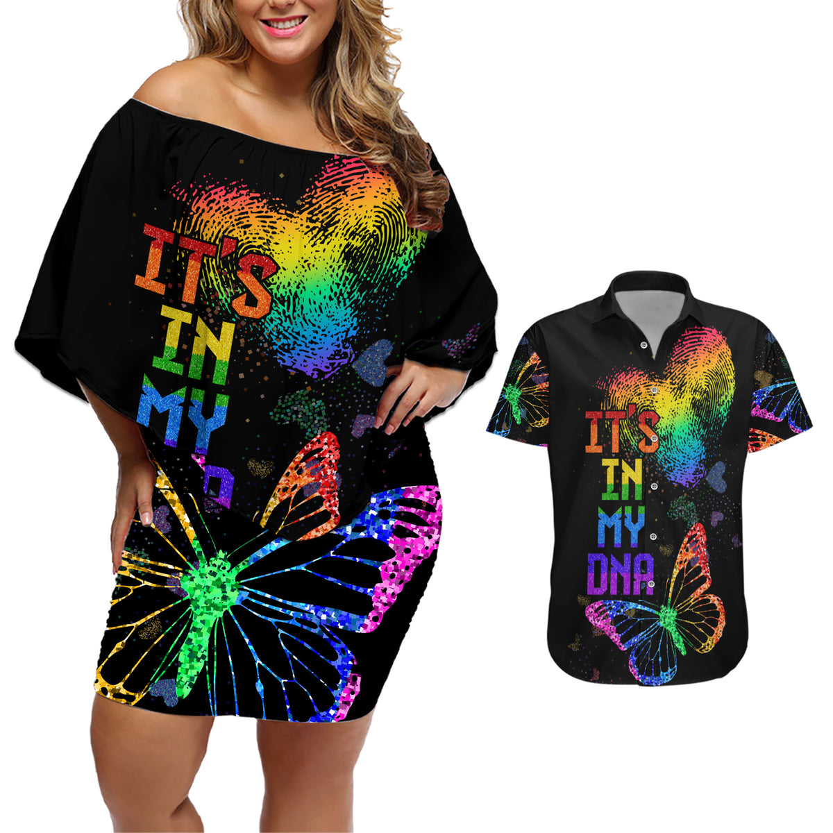 It's In My DNA LGBT History Month Couples Matching Off Shoulder Short Dress and Hawaiian Shirt LT9 - Wonder Print Shop