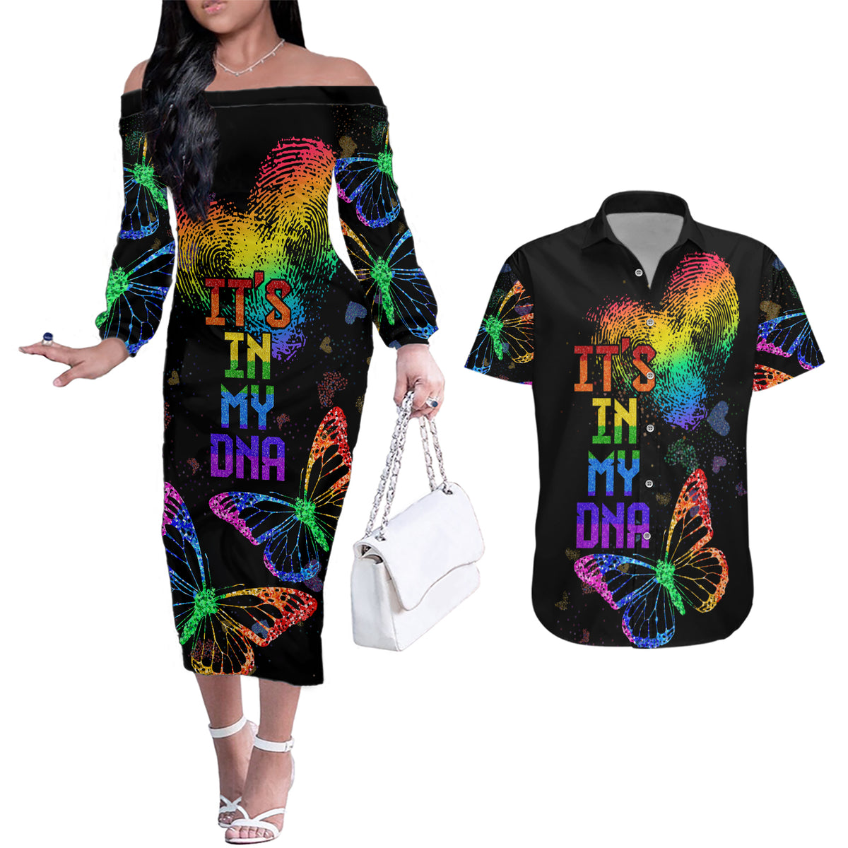 It's In My DNA LGBT History Month Couples Matching Off The Shoulder Long Sleeve Dress and Hawaiian Shirt LT9 - Wonder Print Shop