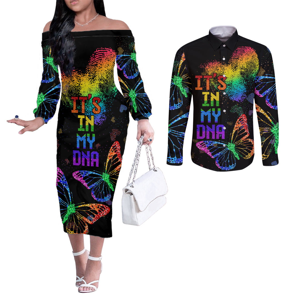 It's In My DNA LGBT History Month Couples Matching Off The Shoulder Long Sleeve Dress and Long Sleeve Button Shirt