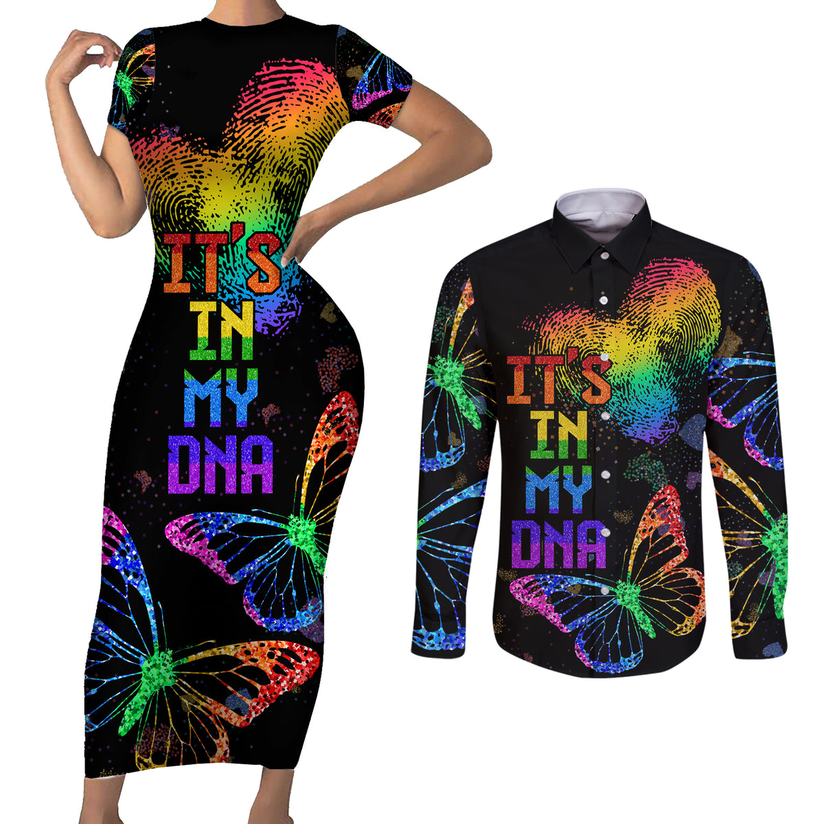 It's In My DNA LGBT History Month Couples Matching Short Sleeve Bodycon Dress and Long Sleeve Button Shirt LT9 - Wonder Print Shop