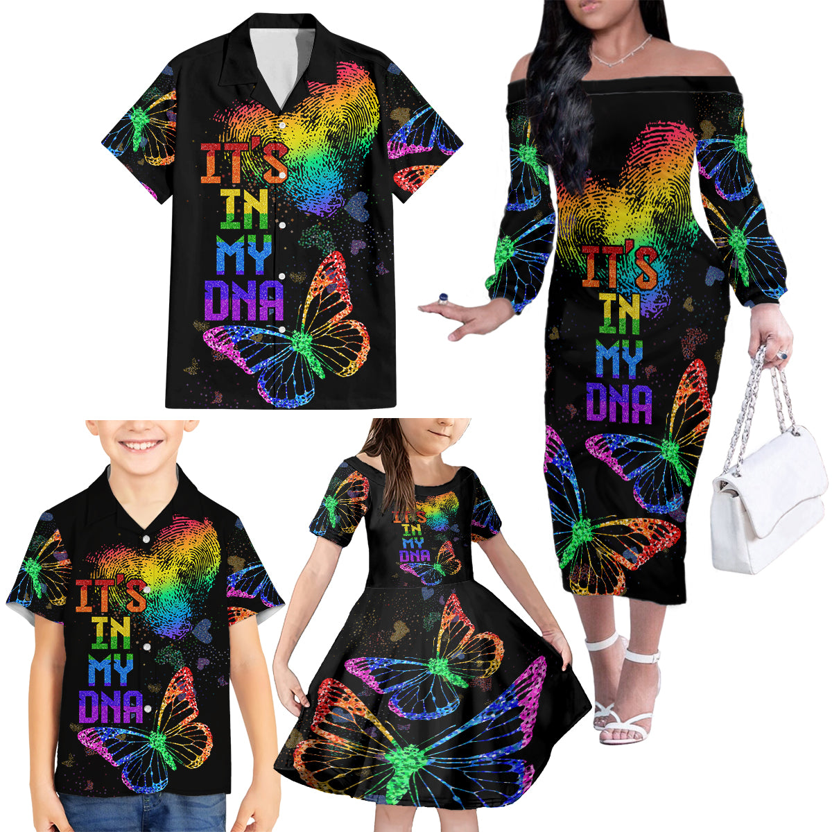 It's In My DNA LGBT History Month Family Matching Off Shoulder Long Sleeve Dress and Hawaiian Shirt - Wonder Print Shop