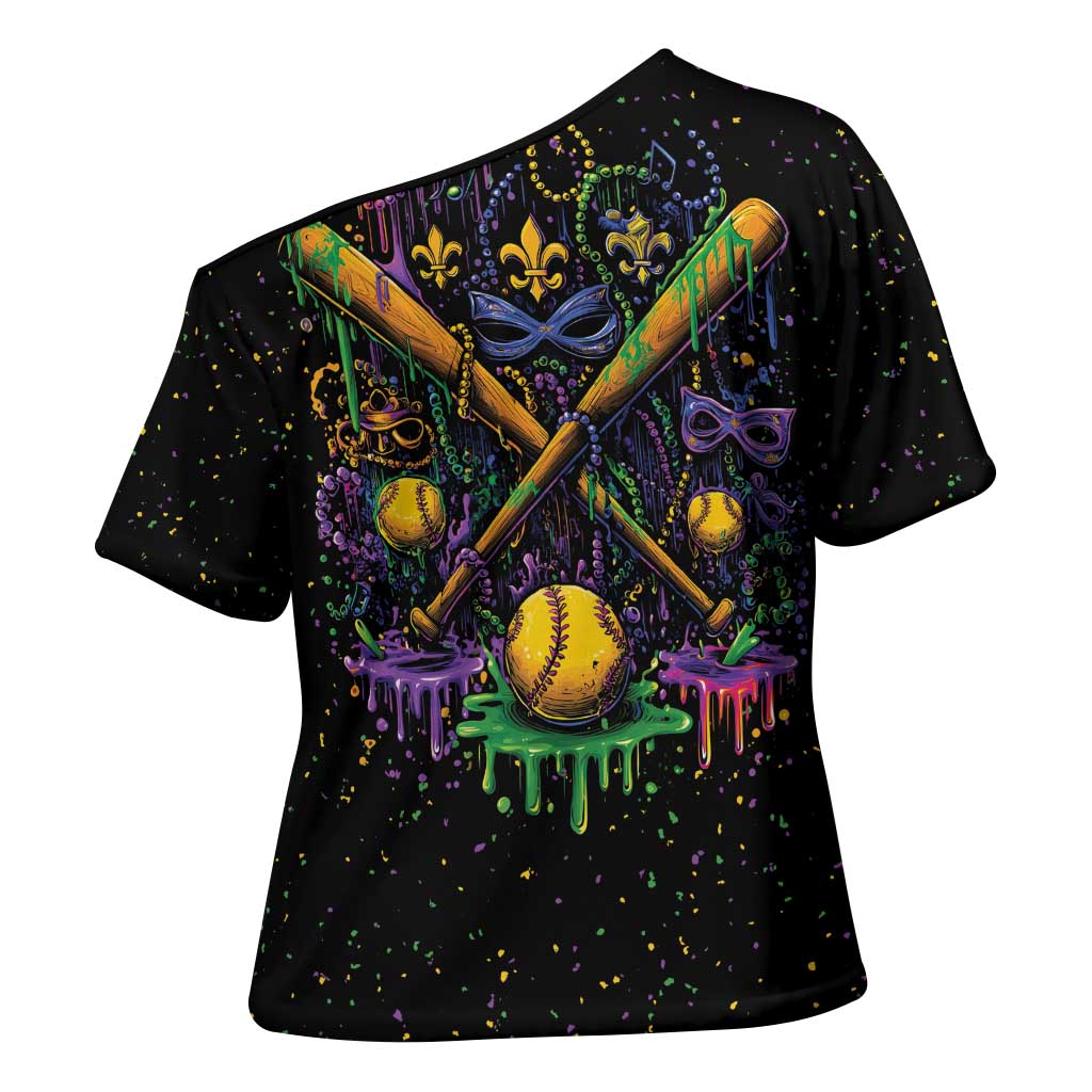 Mardi Gras Dripping Cross Shoulder Shirt Baseball Ice Cream Drip - Wonder Print Shop