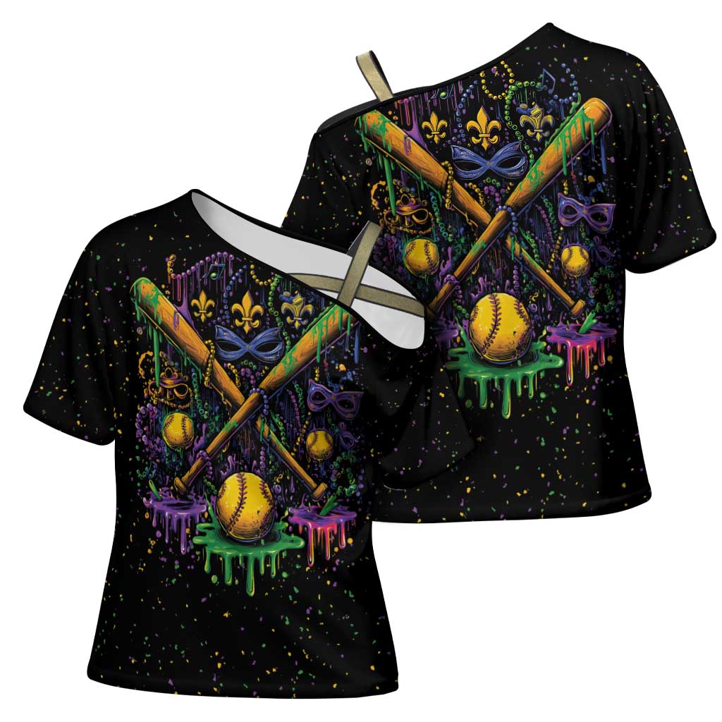 Mardi Gras Dripping Cross Shoulder Shirt Baseball Ice Cream Drip - Wonder Print Shop