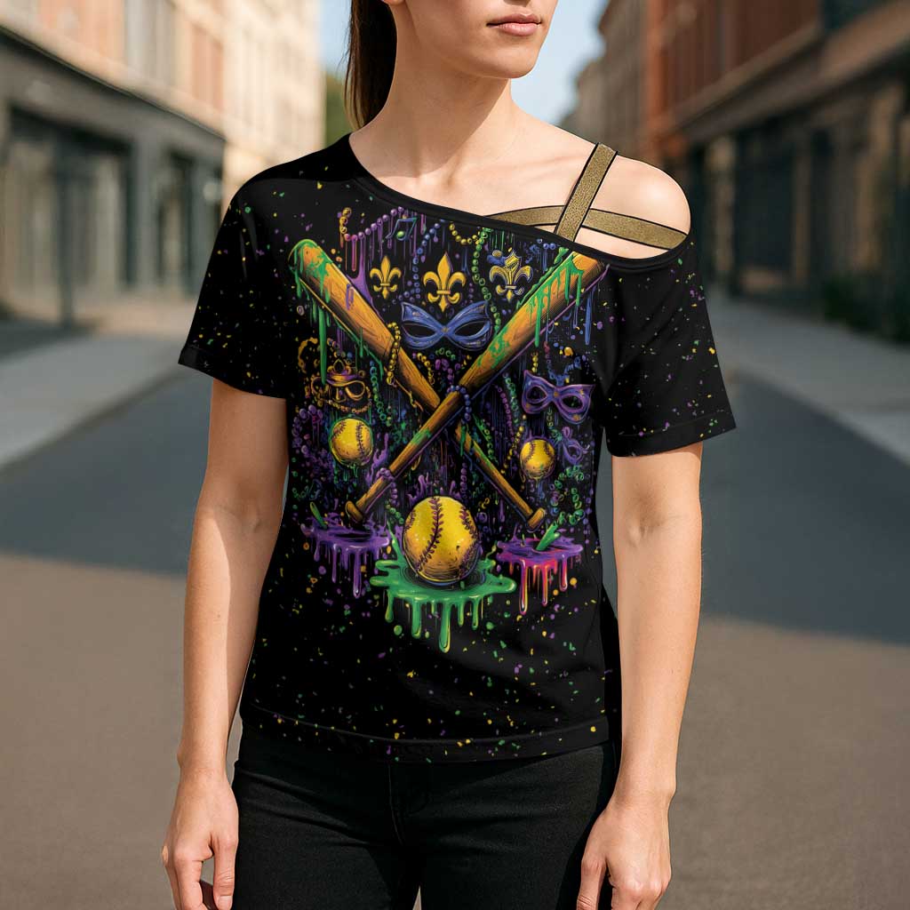 Mardi Gras Dripping Cross Shoulder Shirt Baseball Ice Cream Drip - Wonder Print Shop