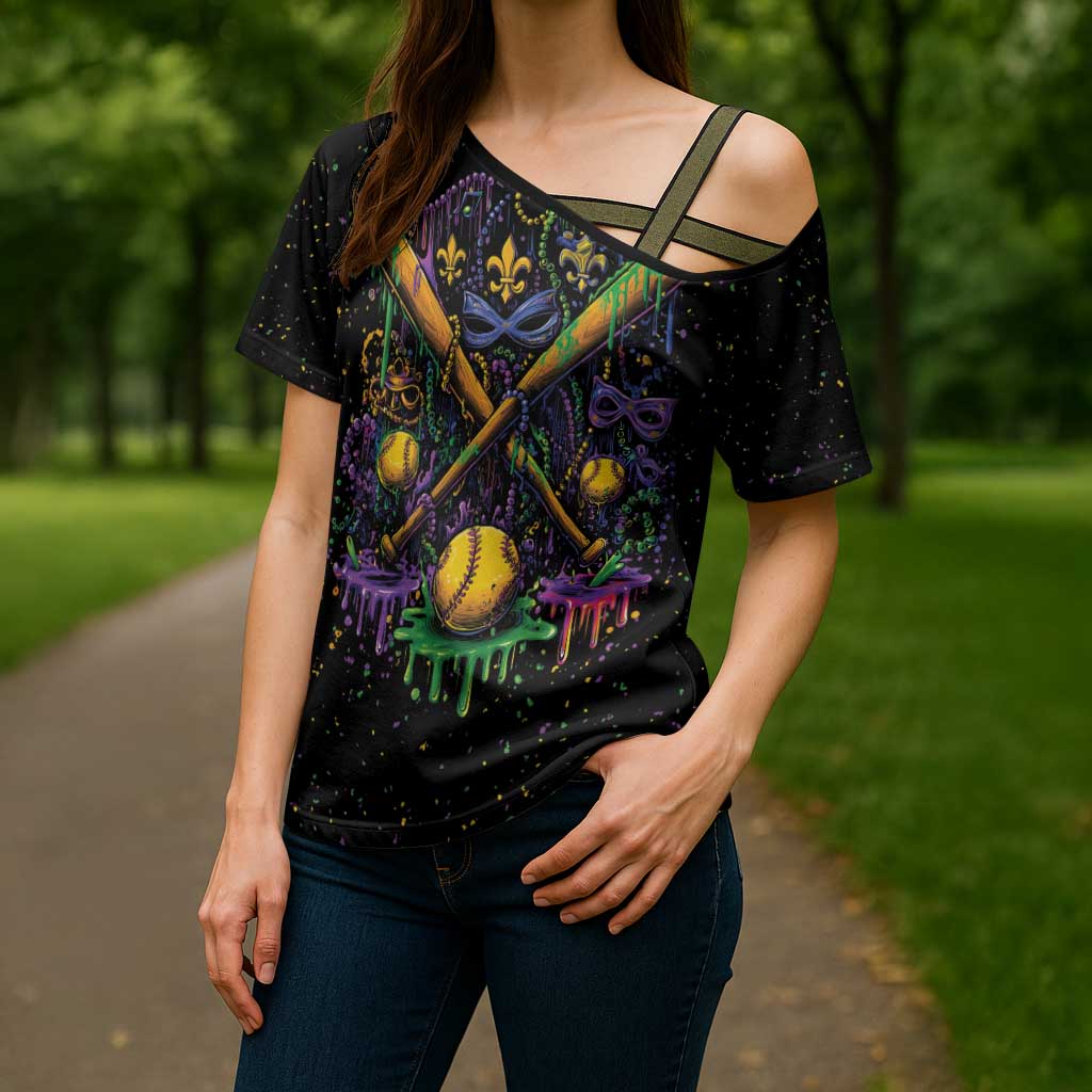 Mardi Gras Dripping Cross Shoulder Shirt Baseball Ice Cream Drip - Wonder Print Shop