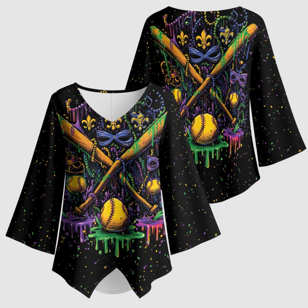 Mardi Gras Dripping Kimono Sleeve Blouse Baseball Ice Cream Drip - Wonder Print Shop