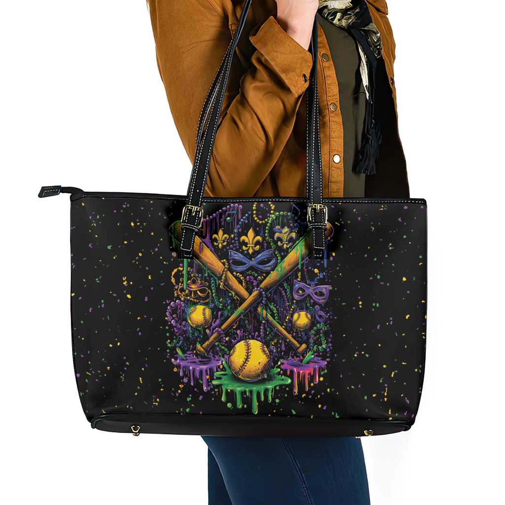 Mardi Gras Dripping Leather Tote Bag Baseball Ice Cream Drip - Wonder Print Shop
