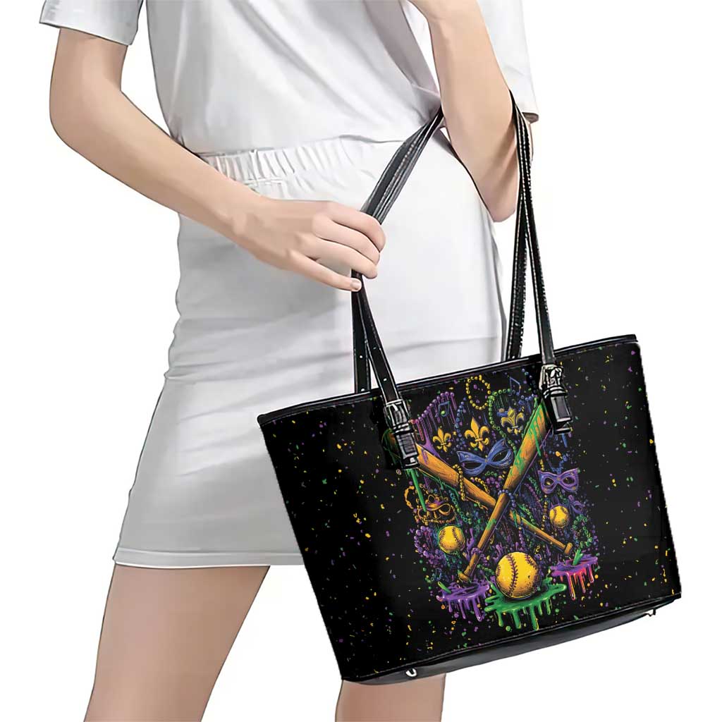 Mardi Gras Dripping Leather Tote Bag Baseball Ice Cream Drip - Wonder Print Shop