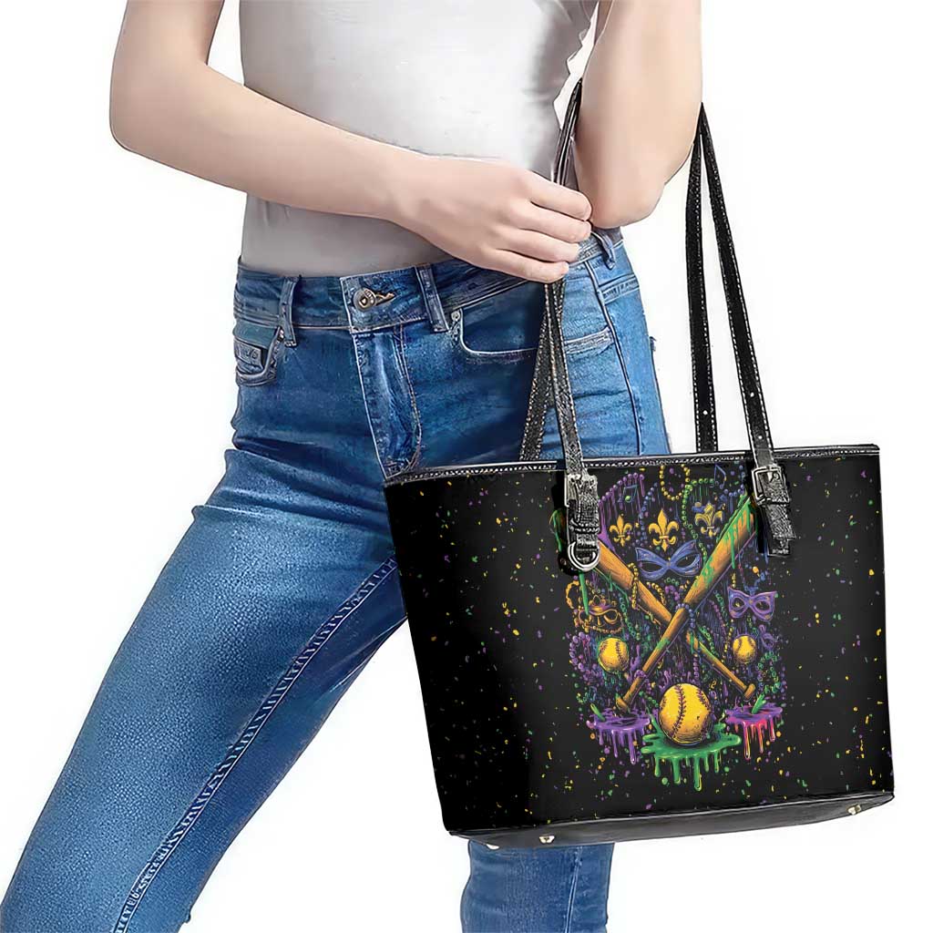 Mardi Gras Dripping Leather Tote Bag Baseball Ice Cream Drip - Wonder Print Shop