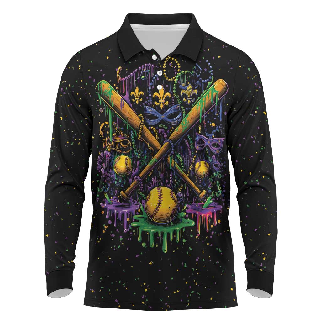 Mardi Gras Dripping Long Sleeve Polo Shirt Baseball Ice Cream Drip - Wonder Print Shop