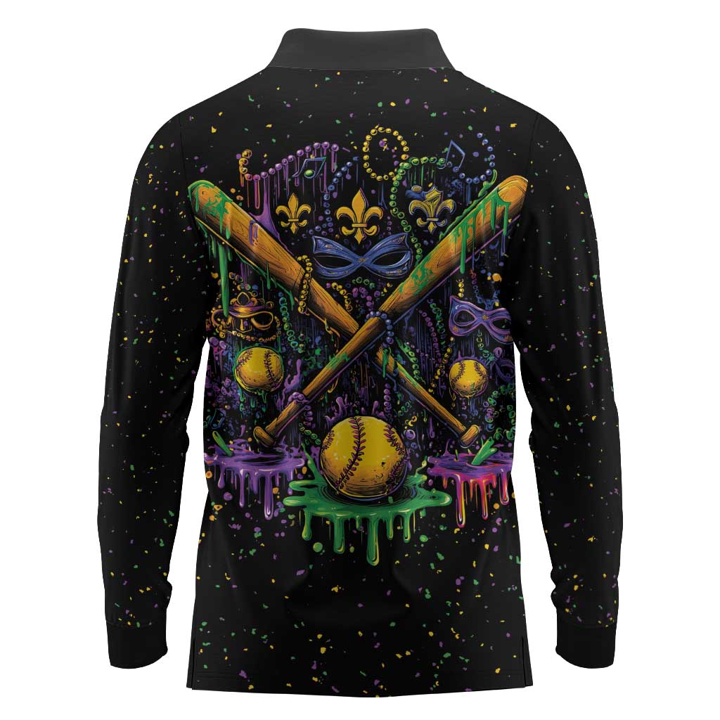 Mardi Gras Dripping Long Sleeve Polo Shirt Baseball Ice Cream Drip - Wonder Print Shop