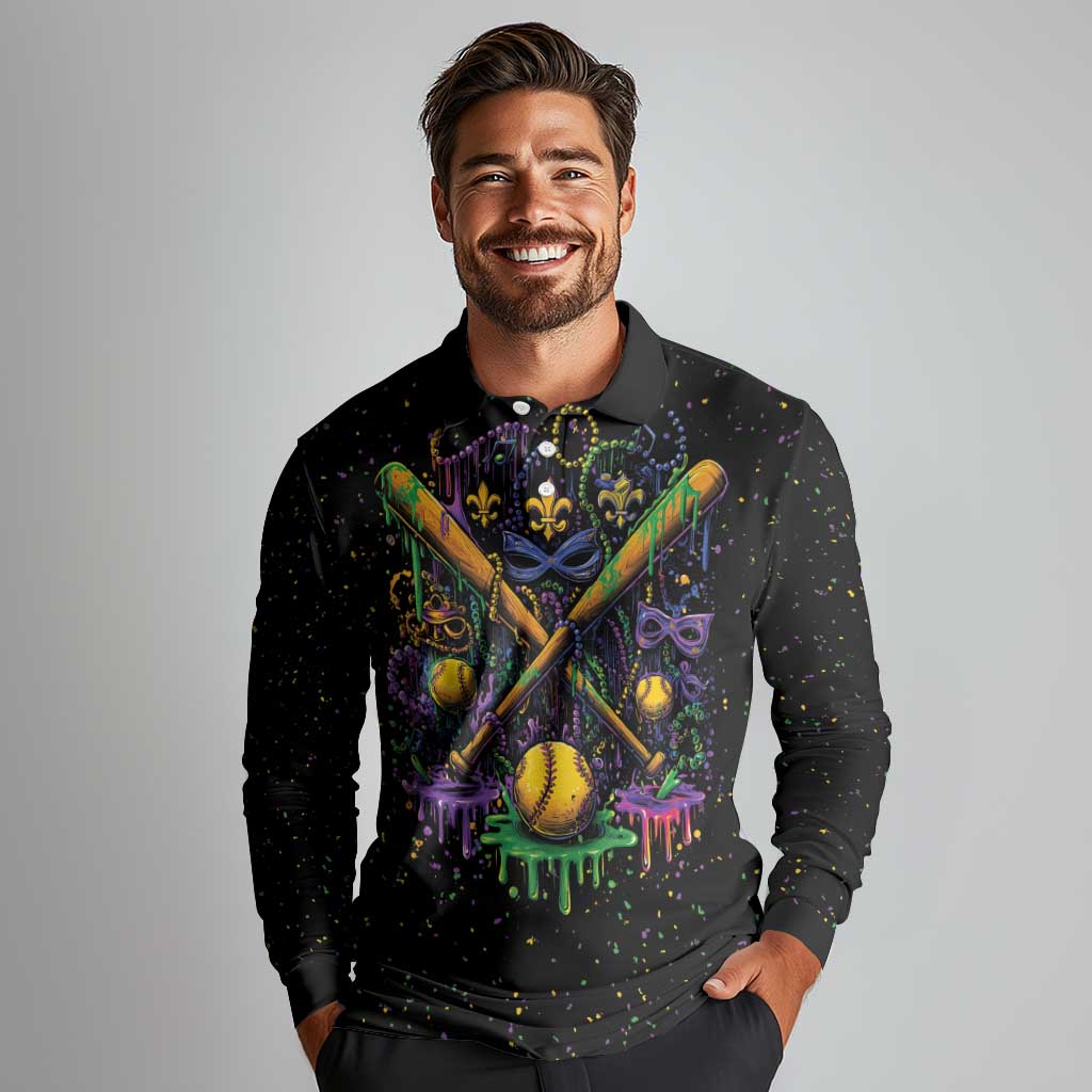 Mardi Gras Dripping Long Sleeve Polo Shirt Baseball Ice Cream Drip - Wonder Print Shop