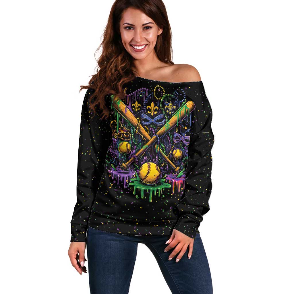 Mardi Gras Dripping Off Shoulder Sweater Baseball Ice Cream Drip - Wonder Print Shop
