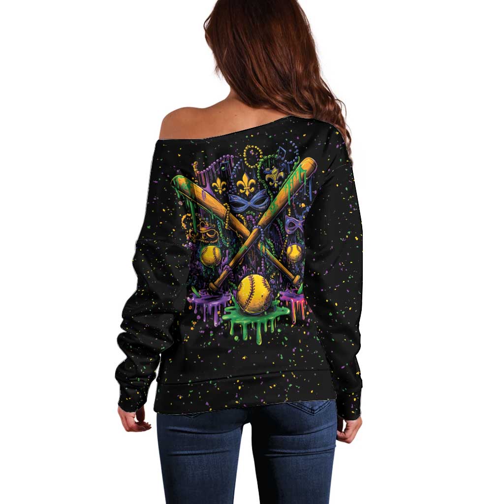 Mardi Gras Dripping Off Shoulder Sweater Baseball Ice Cream Drip - Wonder Print Shop