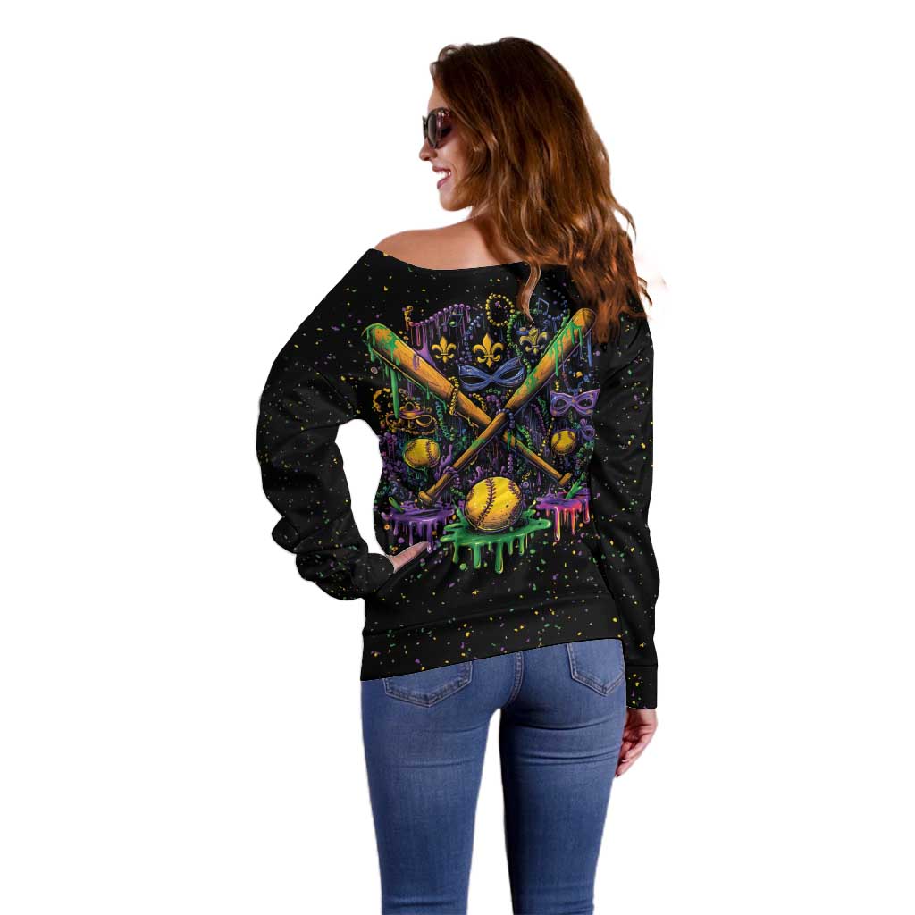 Mardi Gras Dripping Off Shoulder Sweater Baseball Ice Cream Drip - Wonder Print Shop