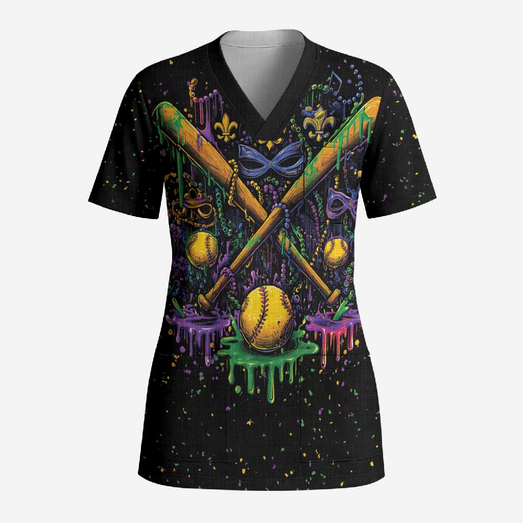 Mardi Gras Dripping Scrub Top Baseball Ice Cream Drip - Wonder Print Shop