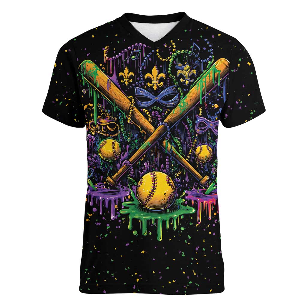 Mardi Gras Dripping Women V-Neck T-Shirt Baseball Ice Cream Drip - Wonder Print Shop
