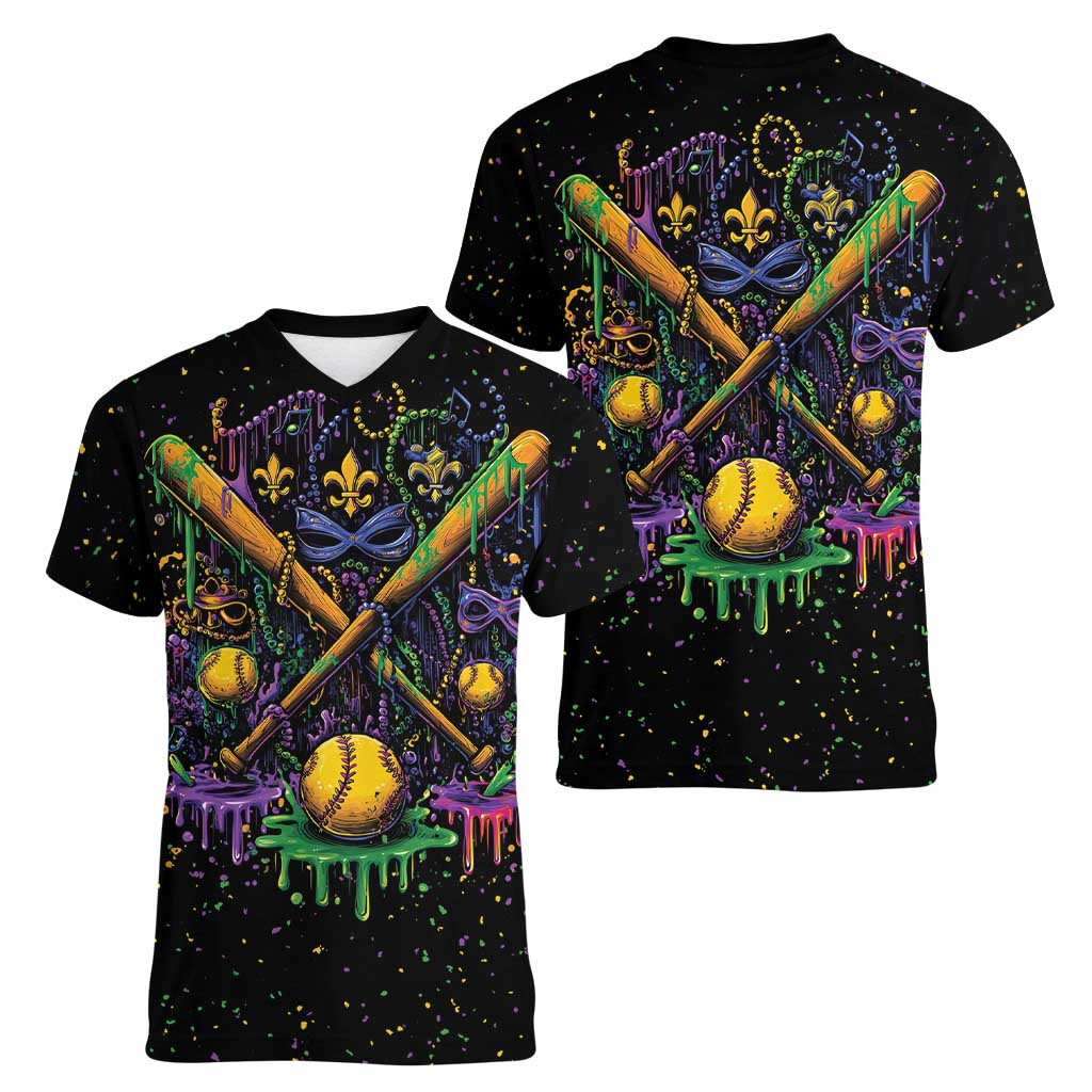 Mardi Gras Dripping Women V-Neck T-Shirt Baseball Ice Cream Drip - Wonder Print Shop