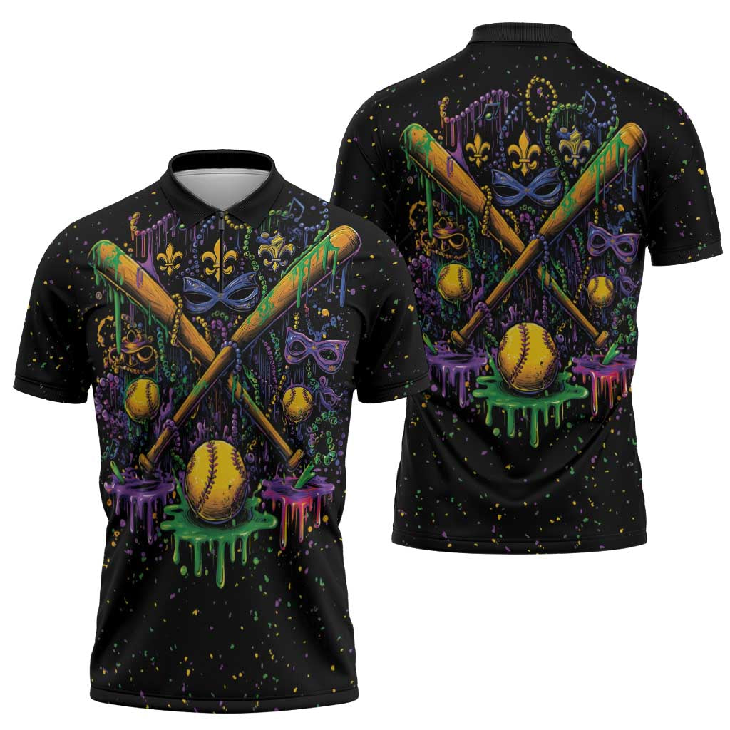 Mardi Gras Dripping Zipper Polo Shirt Baseball Ice Cream Drip - Wonder Print Shop