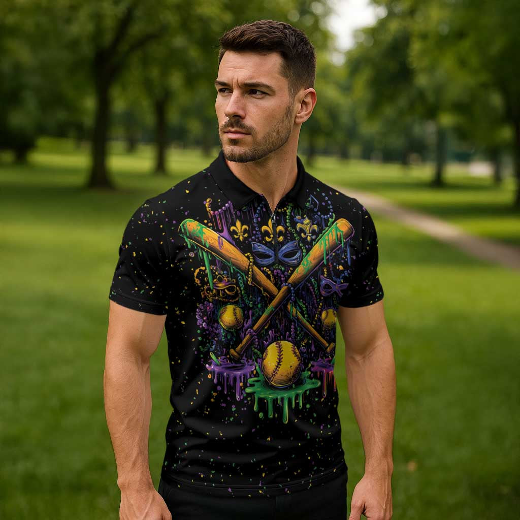Mardi Gras Dripping Zipper Polo Shirt Baseball Ice Cream Drip - Wonder Print Shop