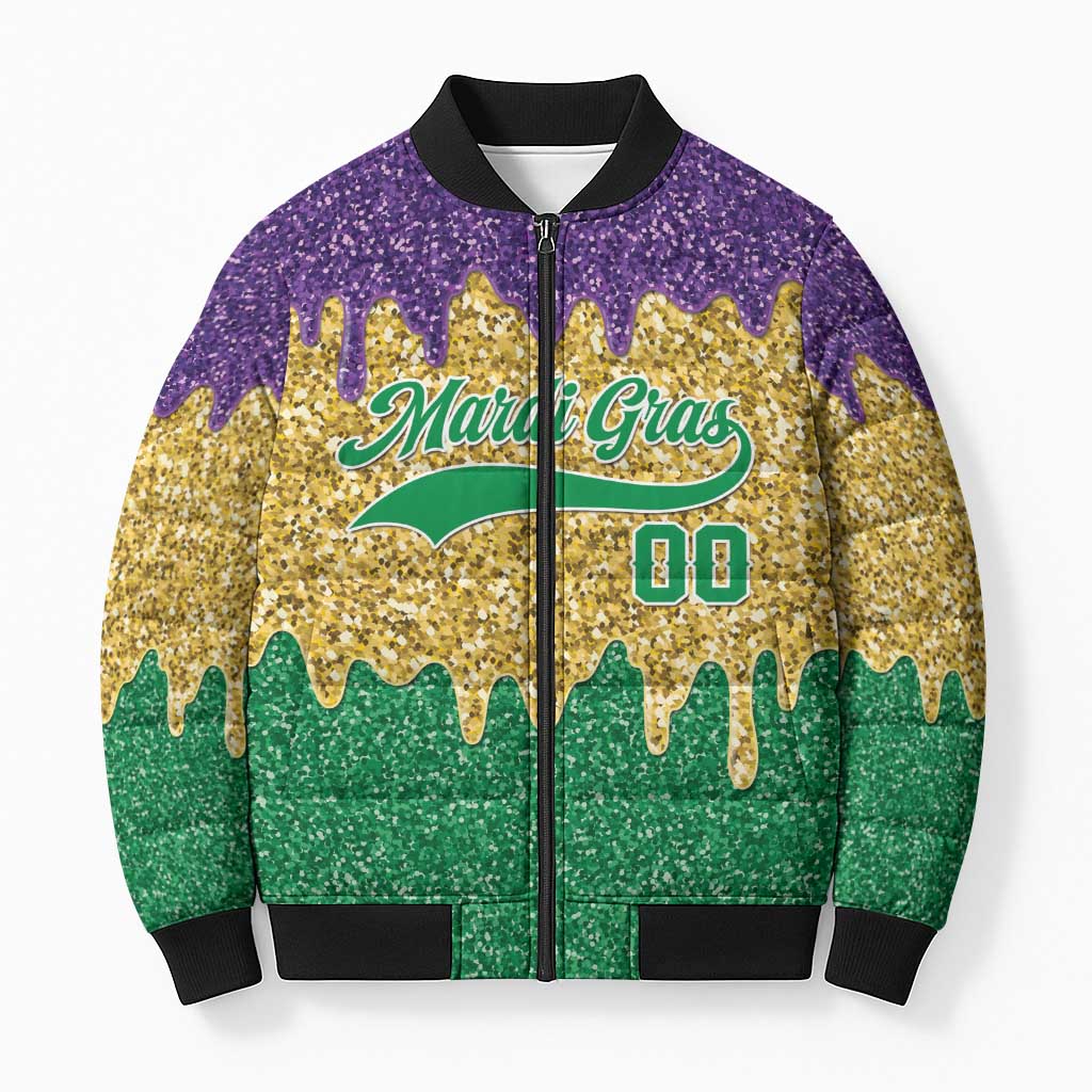 Custom Mardi Gras Dripping Bomber Puffer Jacket Baseball Sparkling Drip Motif - Wonder Print Shop