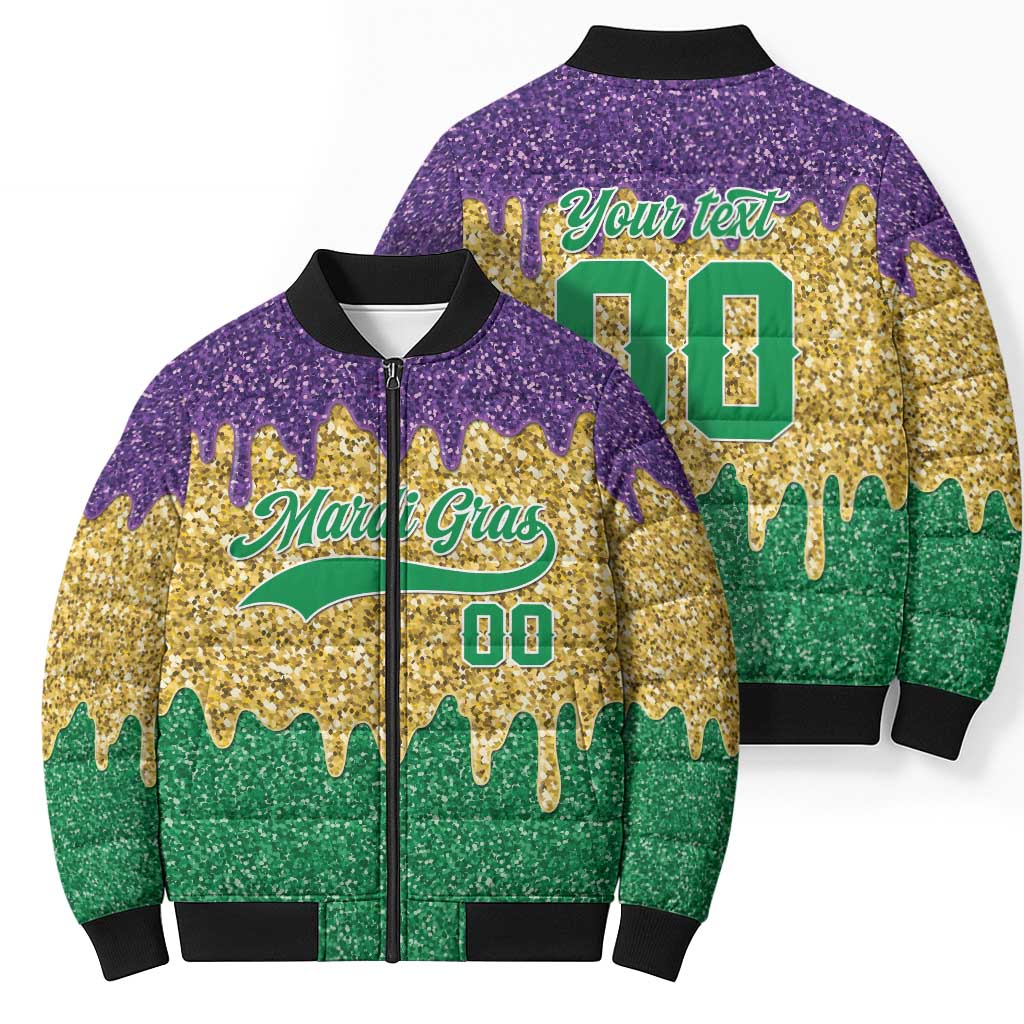 Custom Mardi Gras Dripping Bomber Puffer Jacket Baseball Sparkling Drip Motif - Wonder Print Shop