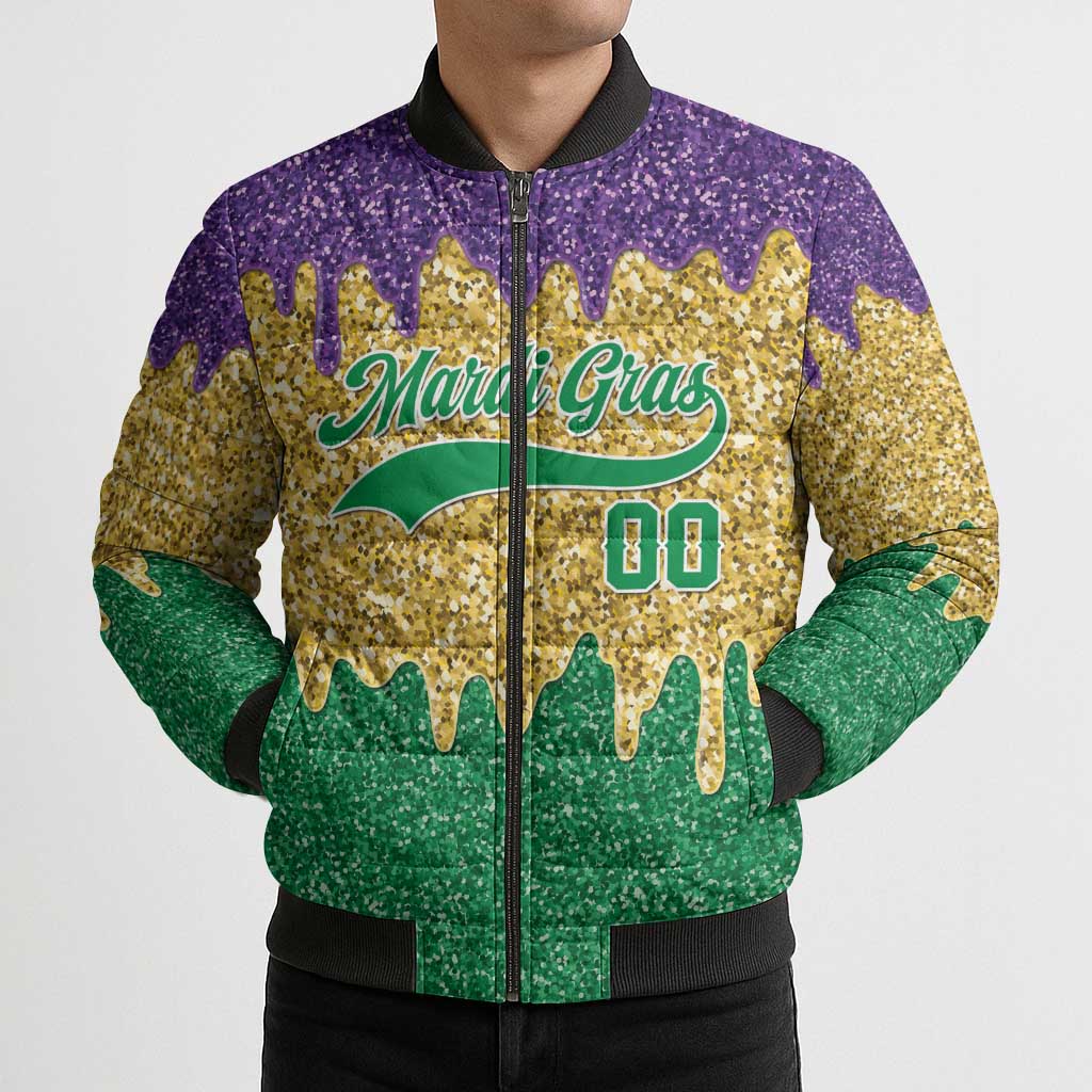 Custom Mardi Gras Dripping Bomber Puffer Jacket Baseball Sparkling Drip Motif - Wonder Print Shop