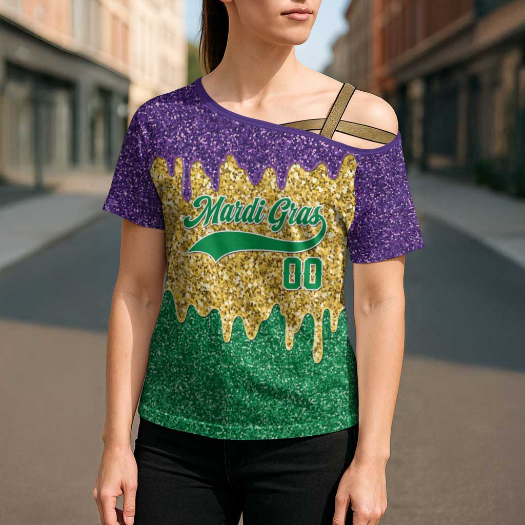 Custom Mardi Gras Dripping Cross Shoulder Shirt Baseball Sparkling Drip Motif - Wonder Print Shop