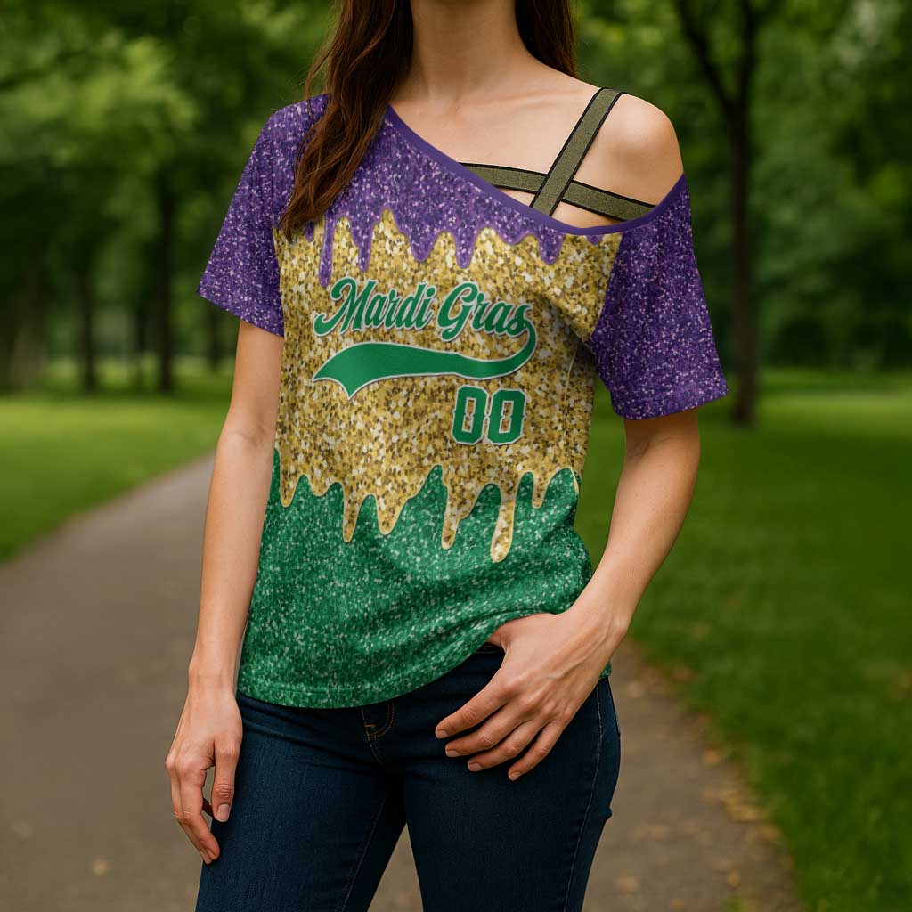 Custom Mardi Gras Dripping Cross Shoulder Shirt Baseball Sparkling Drip Motif - Wonder Print Shop