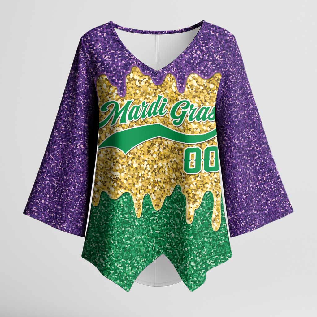 Custom Mardi Gras Dripping Kimono Sleeve Blouse Baseball Sparkling Drip Motif - Wonder Print Shop