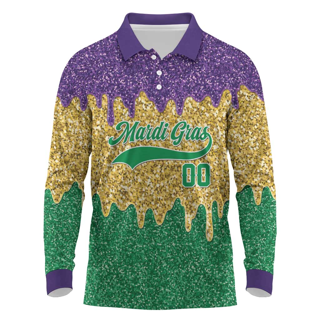 Custom Mardi Gras Dripping Long Sleeve Polo Shirt Baseball Sparkling Drip Motif - Wonder Print Shop