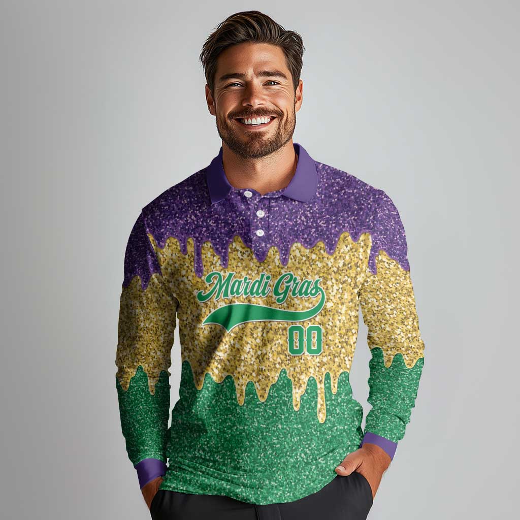 Custom Mardi Gras Dripping Long Sleeve Polo Shirt Baseball Sparkling Drip Motif - Wonder Print Shop