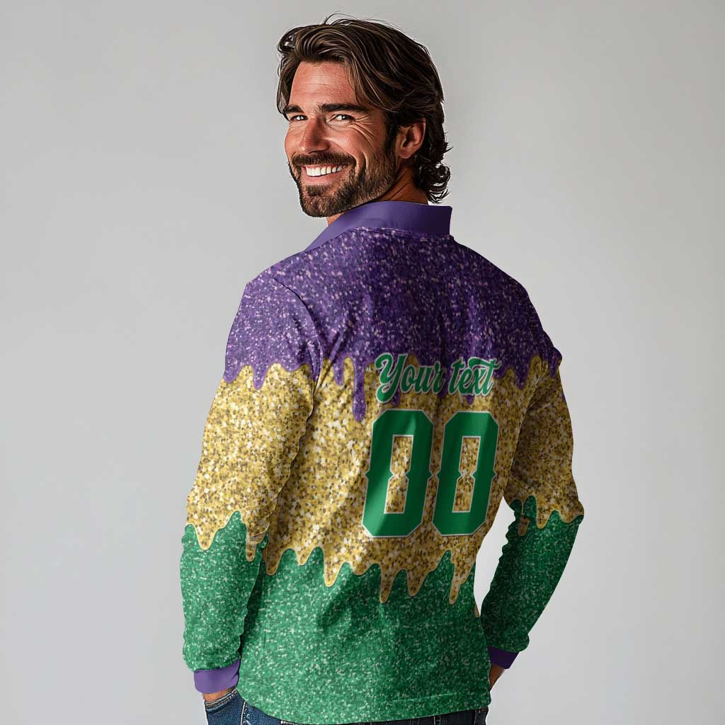 Custom Mardi Gras Dripping Long Sleeve Polo Shirt Baseball Sparkling Drip Motif - Wonder Print Shop