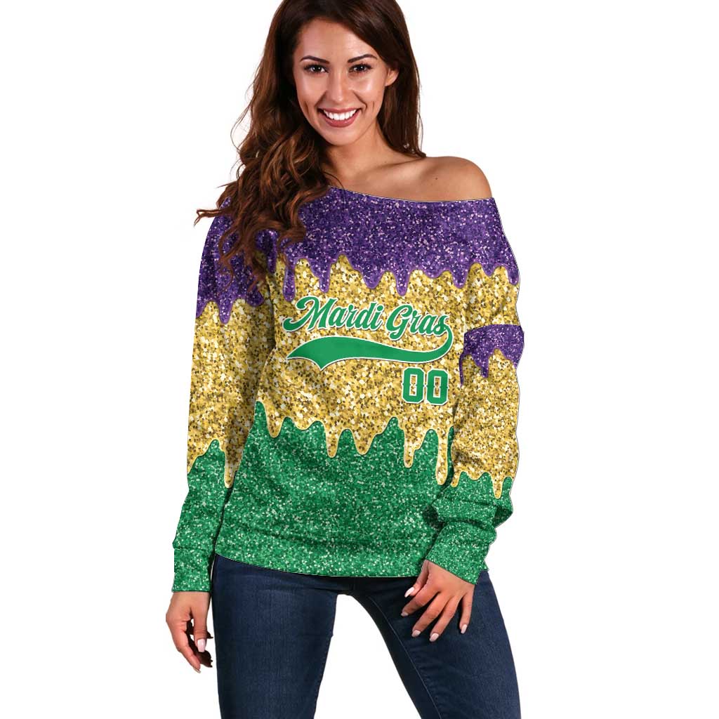 Custom Mardi Gras Dripping Off Shoulder Sweater Baseball Sparkling Drip Motif - Wonder Print Shop
