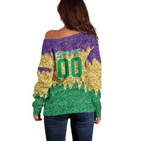 Custom Mardi Gras Dripping Off Shoulder Sweater Baseball Sparkling Drip Motif - Wonder Print Shop