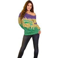 Custom Mardi Gras Dripping Off Shoulder Sweater Baseball Sparkling Drip Motif - Wonder Print Shop