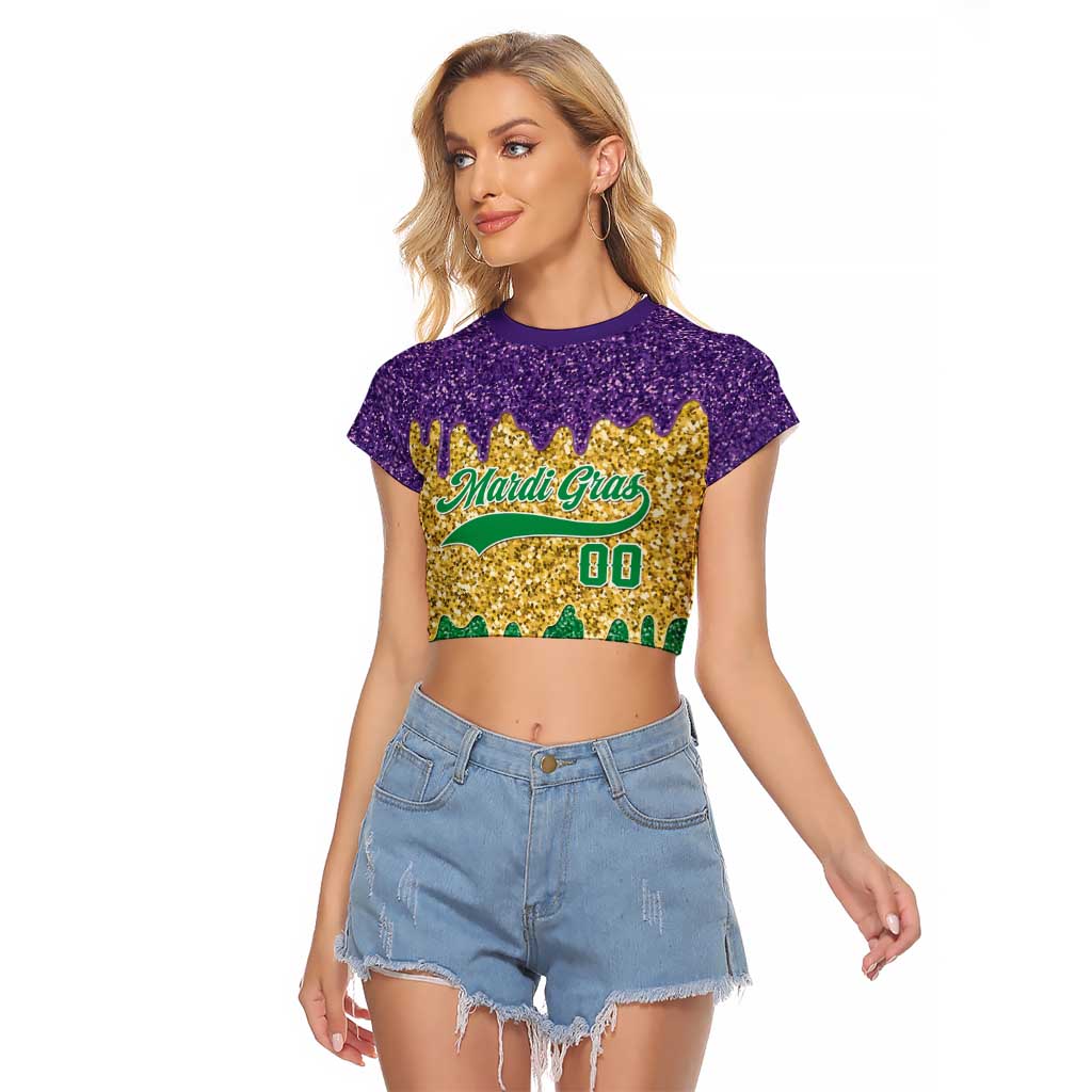 Custom Mardi Gras Dripping Raglan Cropped T Shirt Baseball Sparkling Drip Motif - Wonder Print Shop