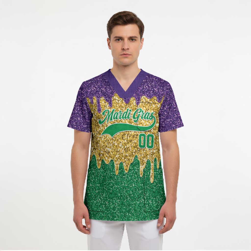 Custom Mardi Gras Dripping Scrub Top Baseball Sparkling Drip Motif - Wonder Print Shop