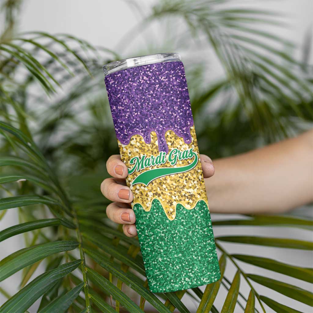 Custom Mardi Gras Dripping Skinny Tumbler Baseball Sparkling Drip Motif - Wonder Print Shop
