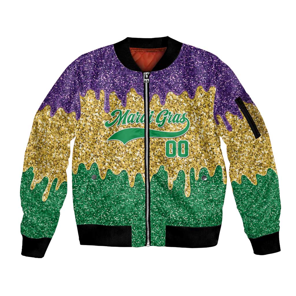 Custom Mardi Gras Dripping Sleeve Zip Bomber Jacket Baseball Sparkling Drip Motif - Wonder Print Shop