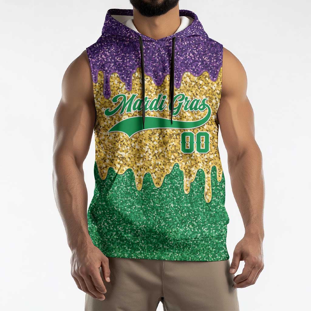 Custom Mardi Gras Dripping Sleeveless Hoodie Baseball Sparkling Drip Motif - Wonder Print Shop