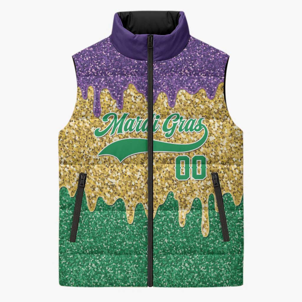 Custom Mardi Gras Dripping Sleeveless Puffer Jacket Baseball Sparkling Drip Motif - Wonder Print Shop