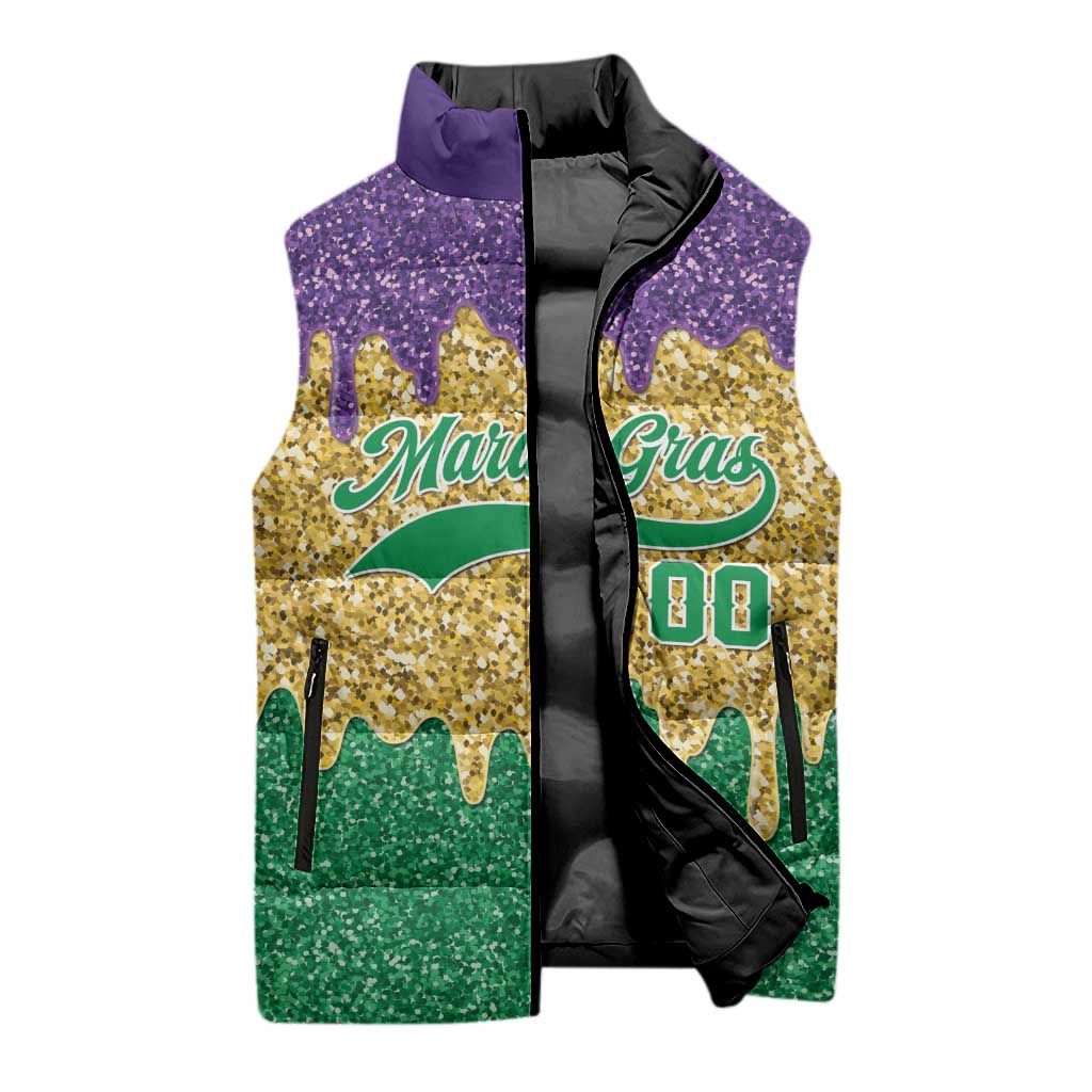 Custom Mardi Gras Dripping Sleeveless Puffer Jacket Baseball Sparkling Drip Motif - Wonder Print Shop