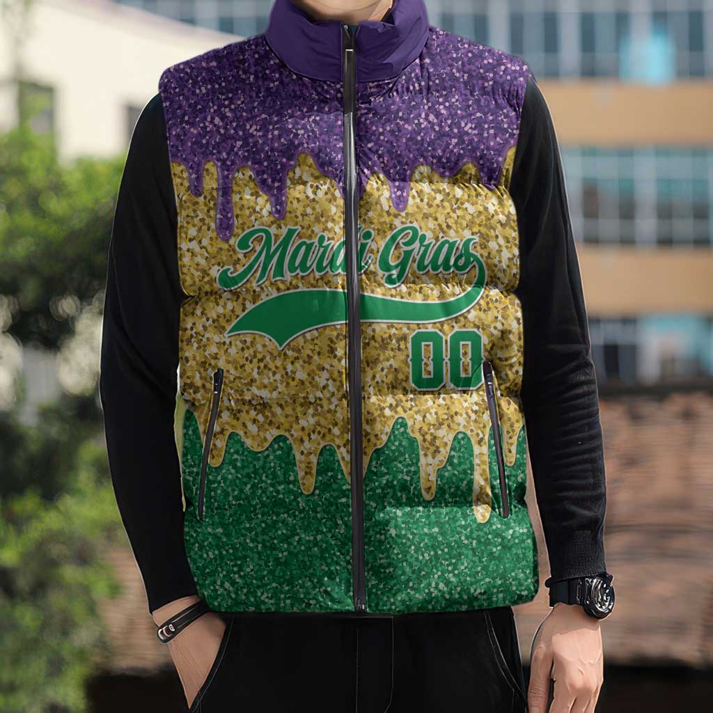 Custom Mardi Gras Dripping Sleeveless Puffer Jacket Baseball Sparkling Drip Motif - Wonder Print Shop