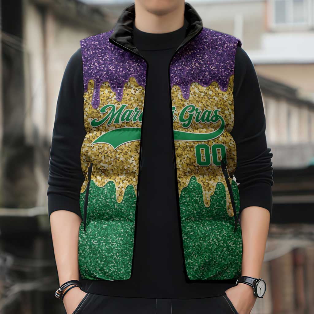Custom Mardi Gras Dripping Sleeveless Puffer Jacket Baseball Sparkling Drip Motif - Wonder Print Shop
